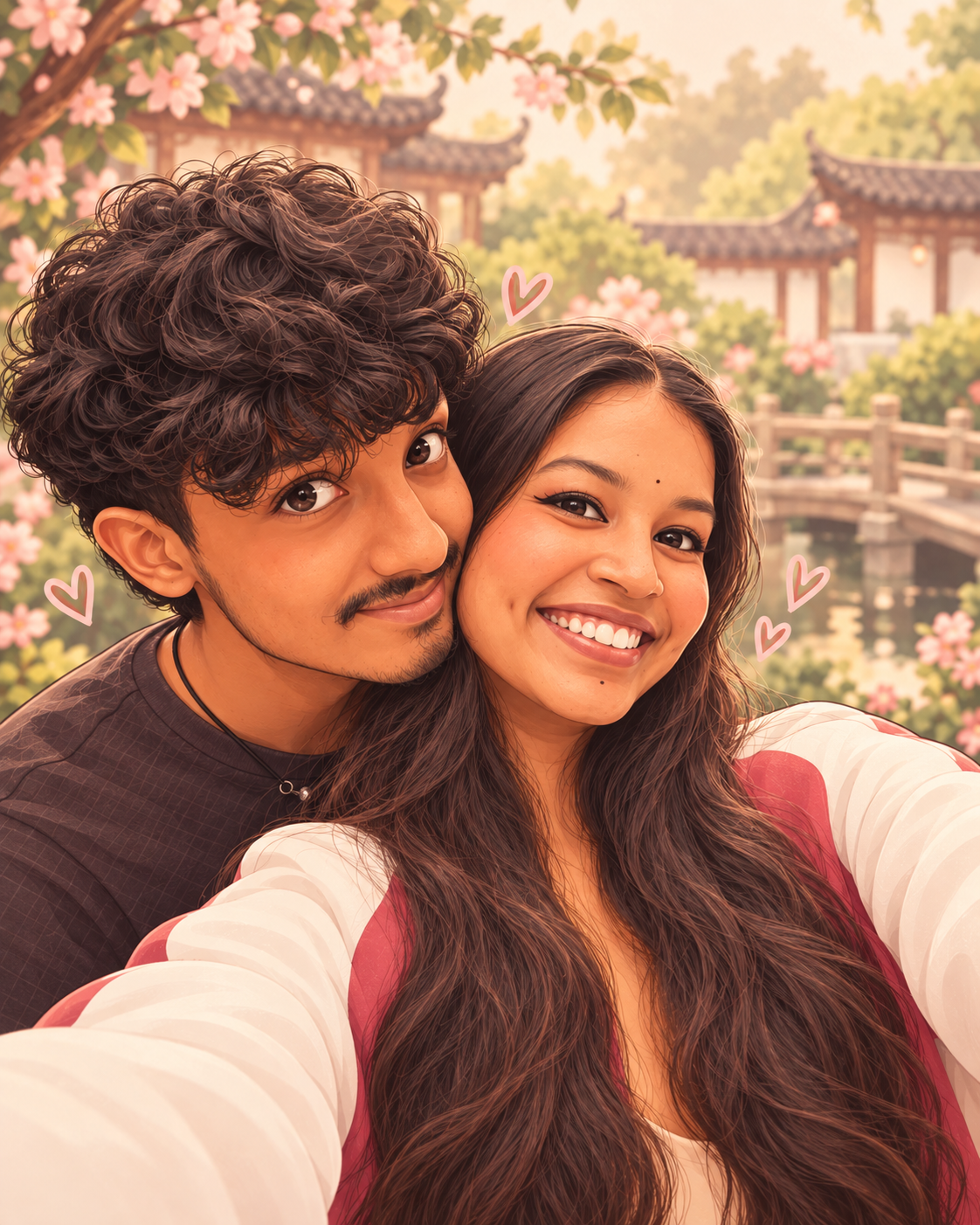 Illustration of Akshara and Tejaaswin smiling together beneath garden blossoms